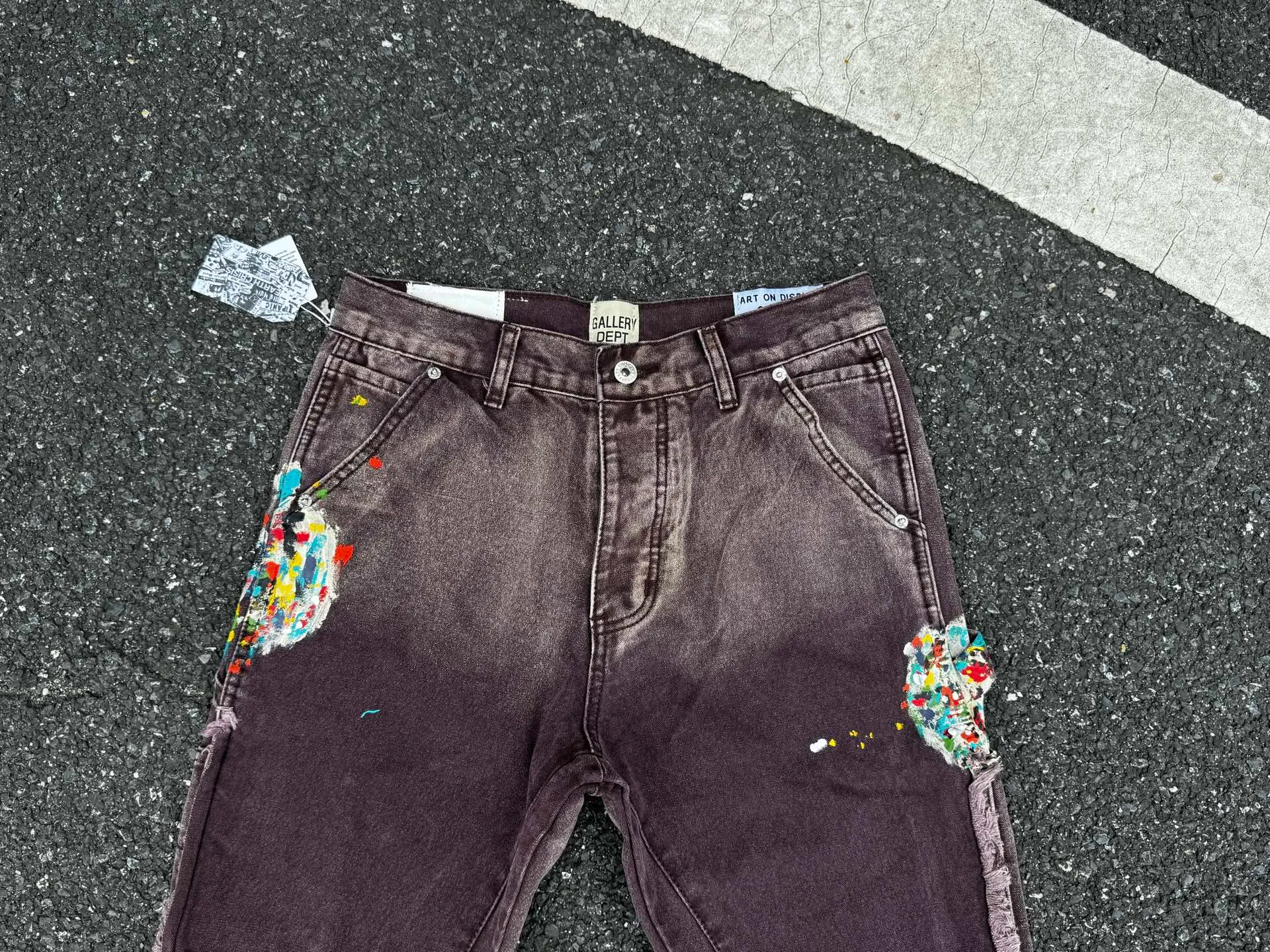 P250💰G90 Top GALLERY DEPT. Spliced ​​logging splash ink denim bell-bottom pants washed and distressed spliced ​​jeans bootcut jeans for men and women - code number: 28 30 32 34 36